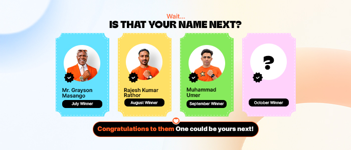 Remit Choice winner banner featuring July winner Grayson Masango, August winner Rajesh Kumar Rathor, September winner Muhammad Umer, and an October winner placeholder, with the message ‘Is That Your Name Next?
